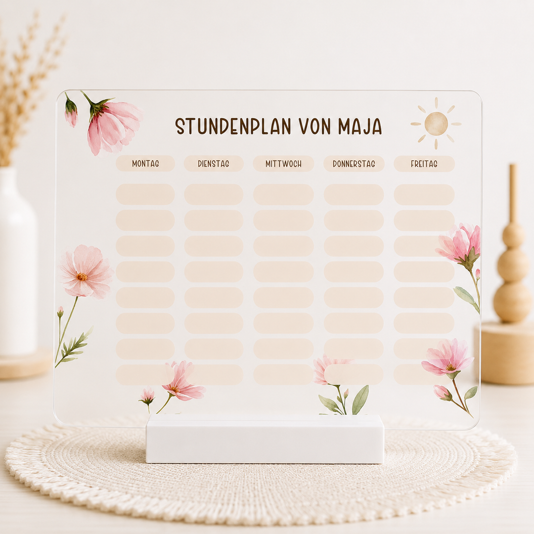 Personalisierter und beschreibbarer Stundenplan aus Acryl - Blumen