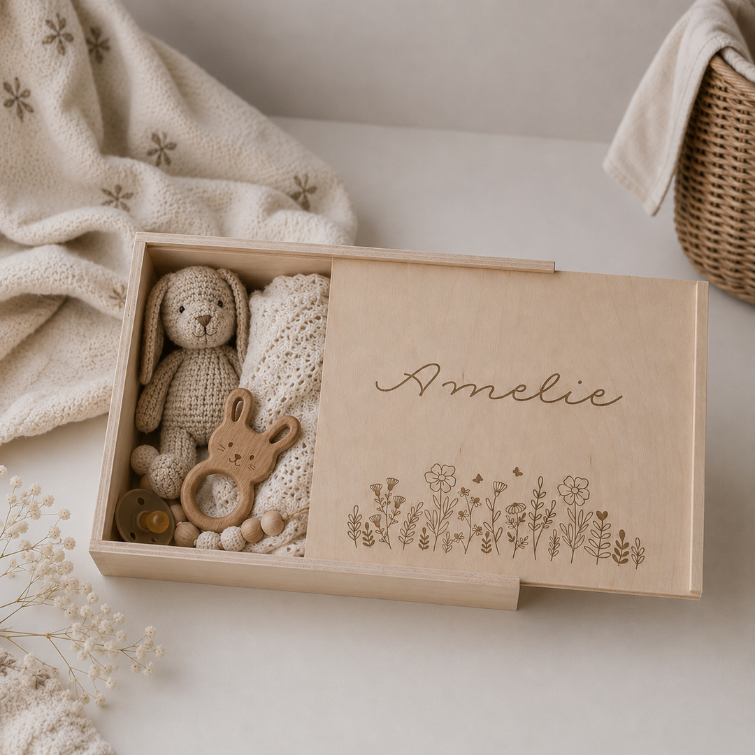 personalisierte Erinnerungskiste mit Blumenwiese