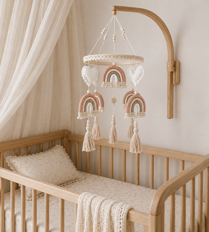 Boho Baby-Mobile mit Regenbogen und Herzen