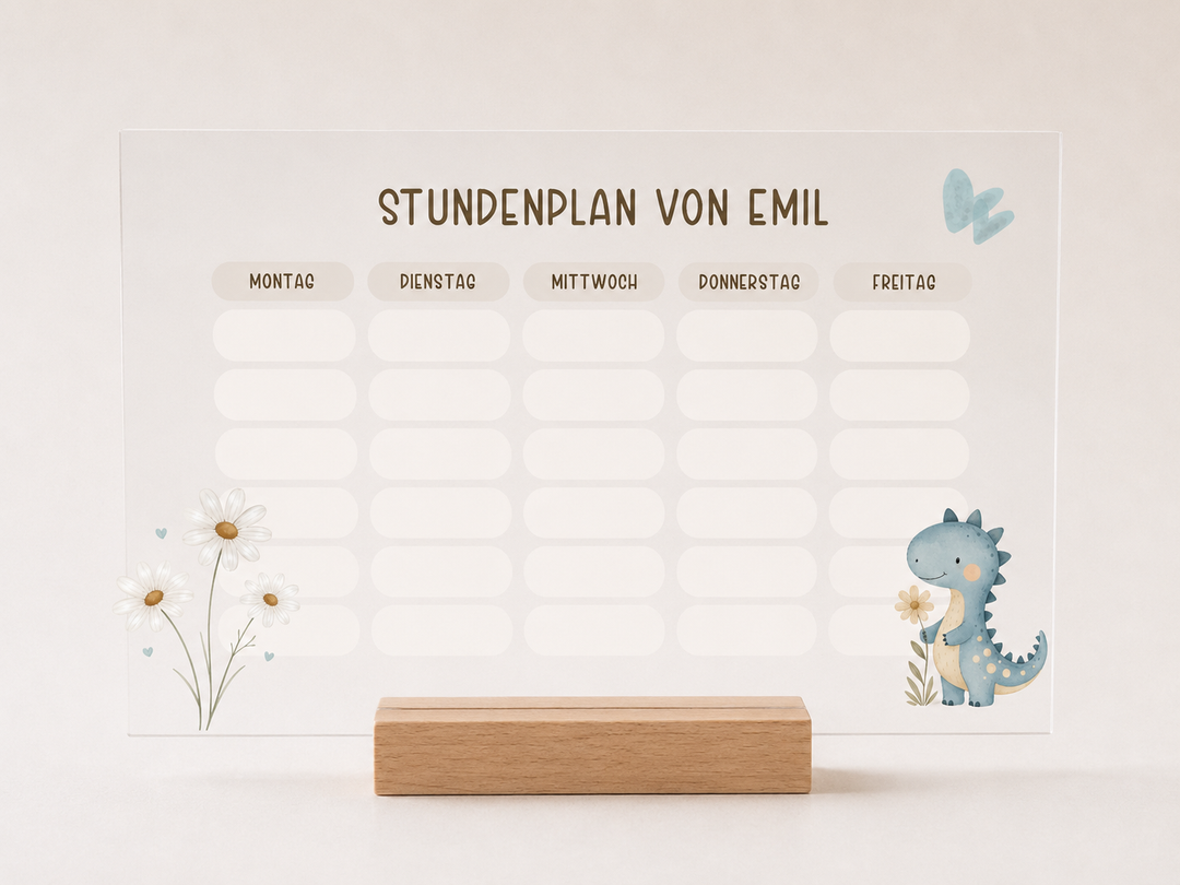 Personalisierter und beschreibbarer Stundenplan aus Acryl - blauer Dino