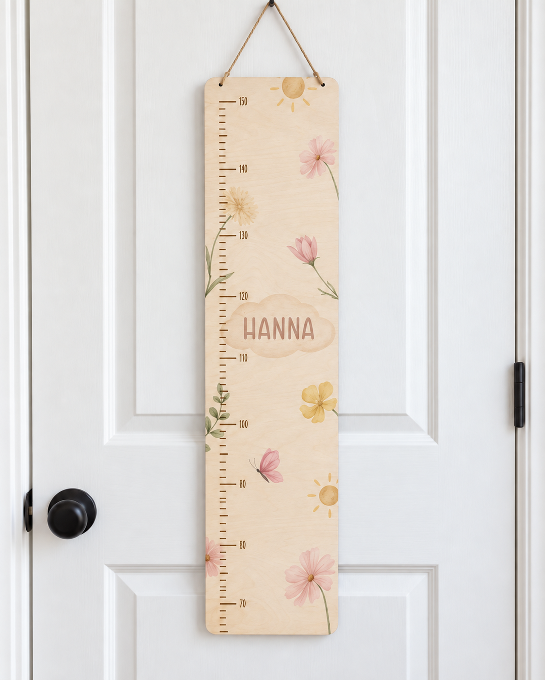 personalisierbare Kindermesslatte mit Blumen und Schmetterling