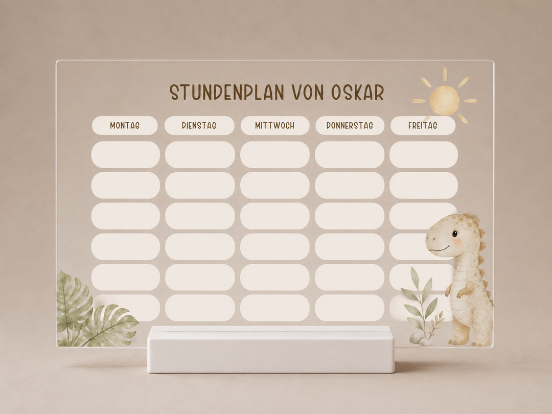 Personalisierter und beschreibbarer Stundenplan aus Acryl - Dino Motiv