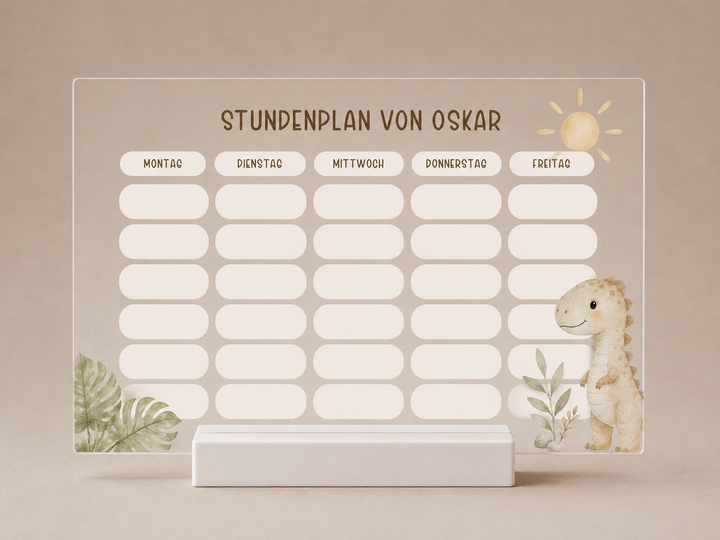 Personalisierter und beschreibbarer Stundenplan aus Acryl - Dino Motiv