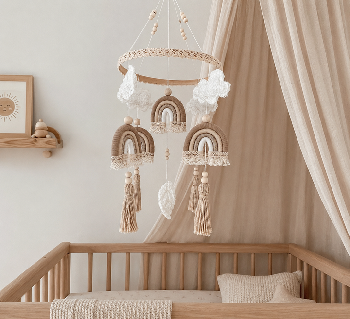 Boho Baby-Mobile mit Regenbogen und Wolken – handgefertigte Kinderzimmerdeko