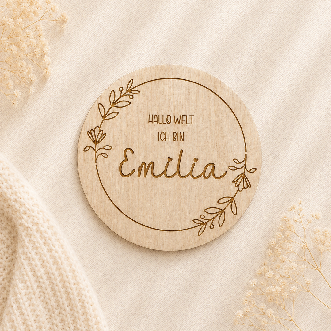 Personalisiertes Holzschild mit Blumenloop