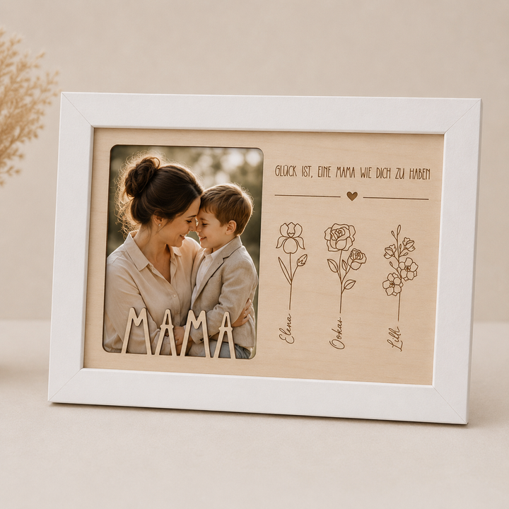 personalisierter Bilderrahmen mit Holzmotiv Geburtsblumen für Mama