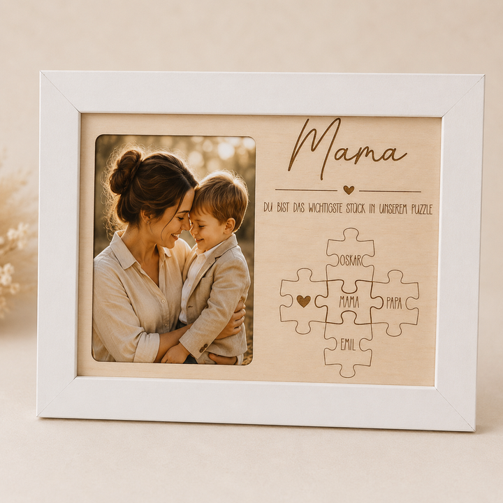 personalisierter Bilderrahmen mit Holzmotiv Puzzle für Mama