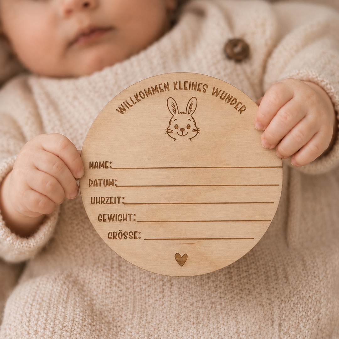 Personalisiertes Geburtsschild aus Holz mit Tiermotiven