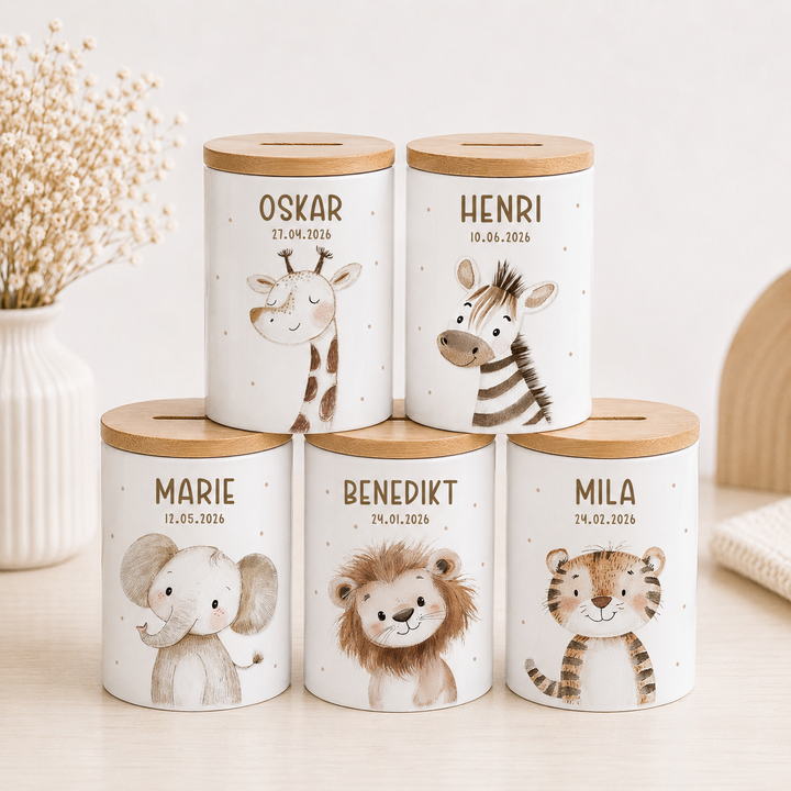 Spardose für Kinder - Safari Tiere