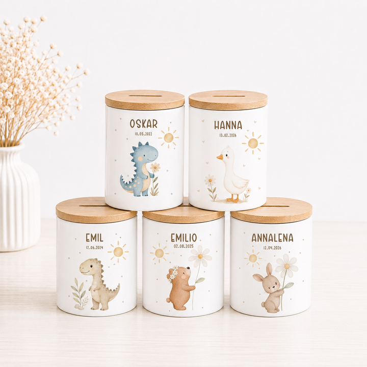 Spardose für Kinder - blumige Tiere