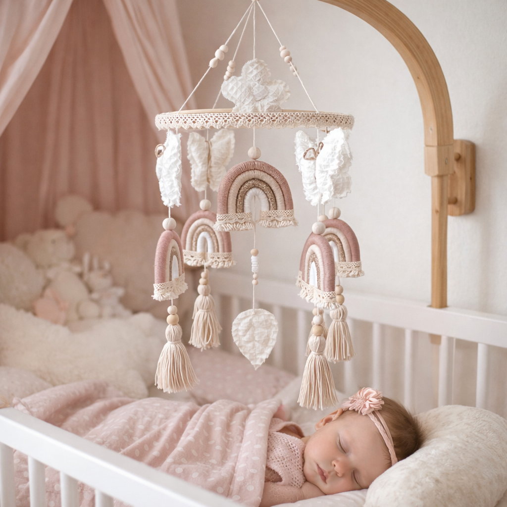 Boho Baby-Mobile mit Regenbogen – handgefertigte Kinderzimmerdek