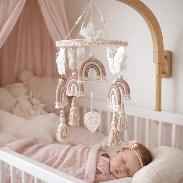 Boho Baby-Mobile mit Regenbogen – handgefertigte Kinderzimmerdek
