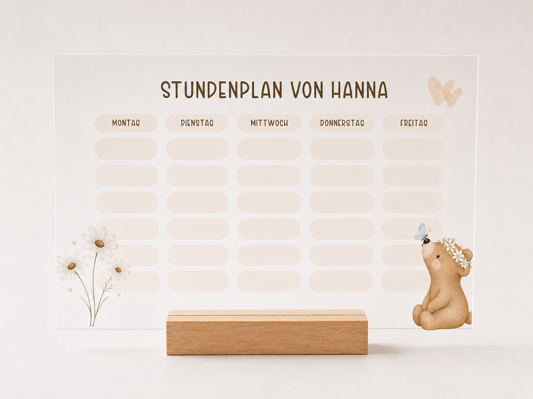 Personalisierter und beschreibbarer Stundenplan aus Acryl - sitzender Bär