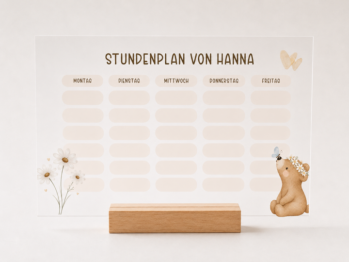Personalisierter und beschreibbarer Stundenplan aus Acryl - sitzender Bär