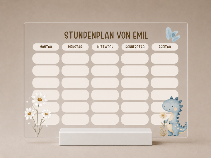 Personalisierter und beschreibbarer Stundenplan aus Acryl - blauer Dino
