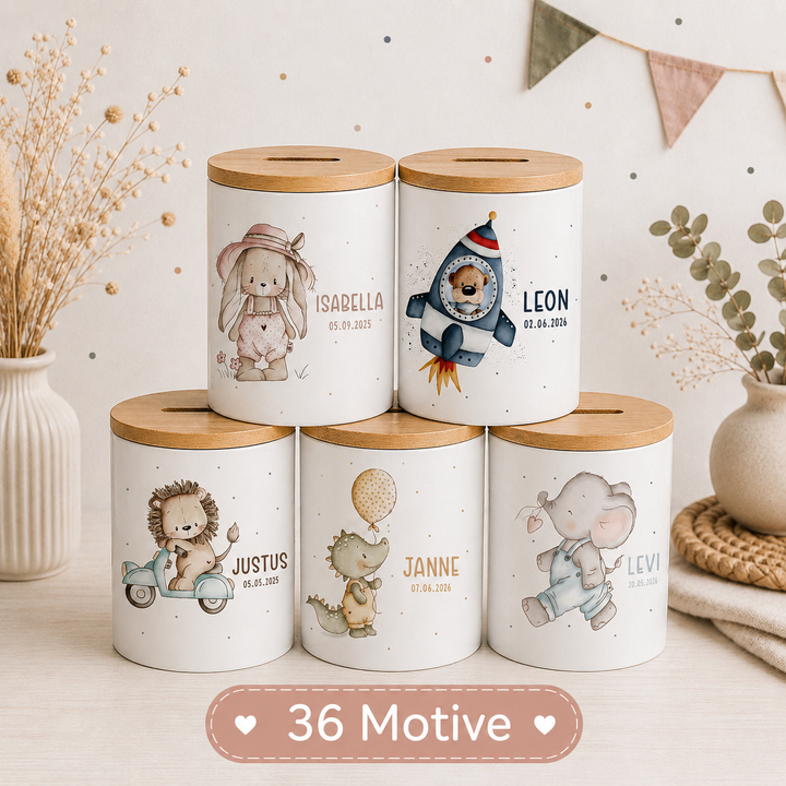 personalisierte Spardose mit abnehmbarem Deckel - 36 Motive