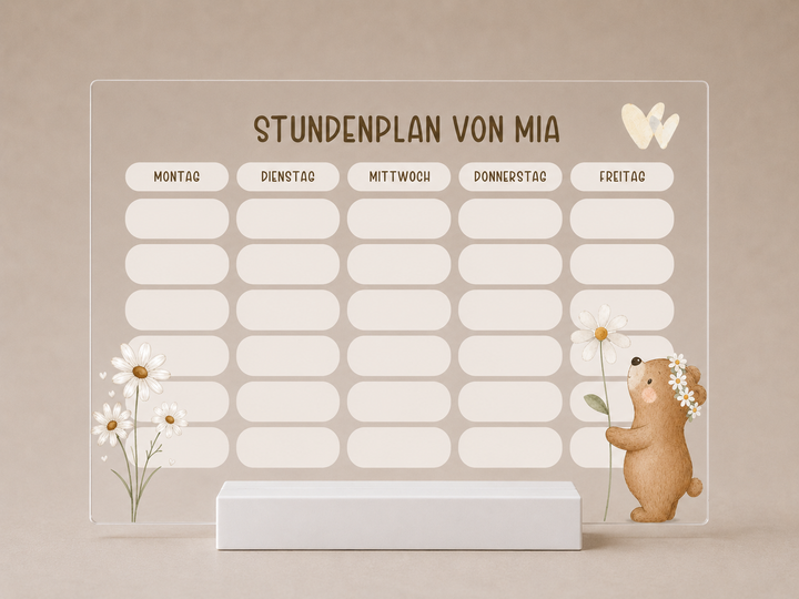 Personalisierter und beschreibbarer Stundenplan aus Acryl - Bärchen