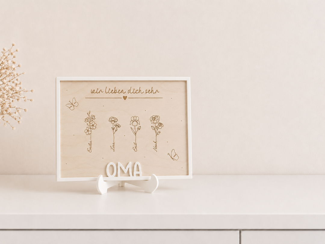 Personalisiertes Holzbild mit Geburtsblumen