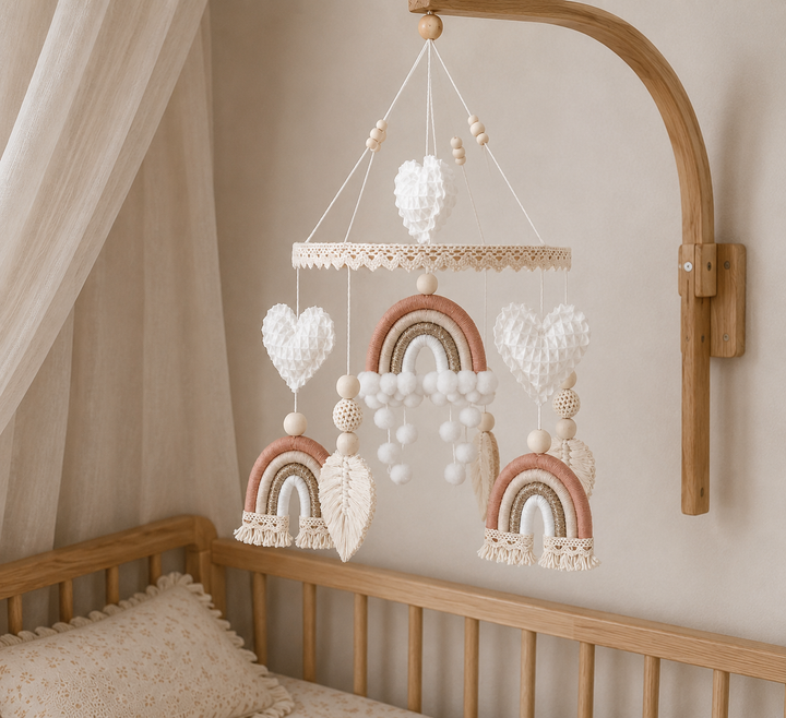 Boho Baby-Mobile mit Regenbogen und Herzen , Wickeltisch geeignet