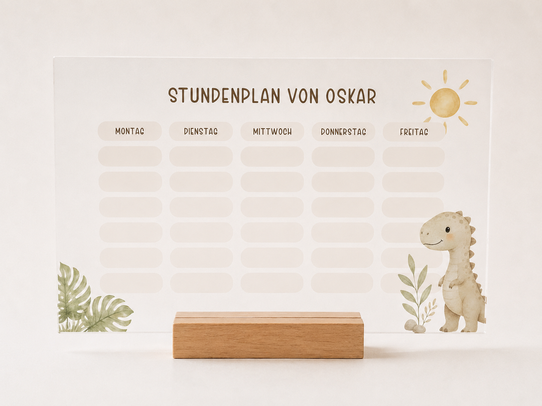 Personalisierter und beschreibbarer Stundenplan aus Acryl - Dino Motiv