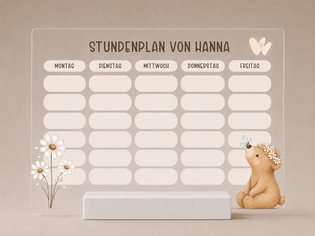 Personalisierter und beschreibbarer Stundenplan aus Acryl - sitzender Bär