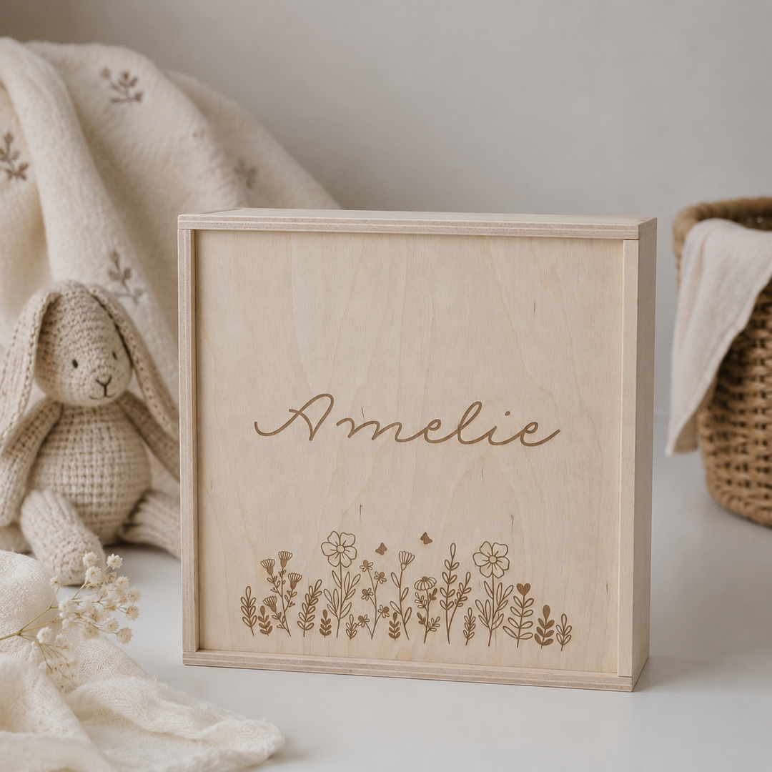 personalisierte Erinnerungskiste mit Blumenwiese