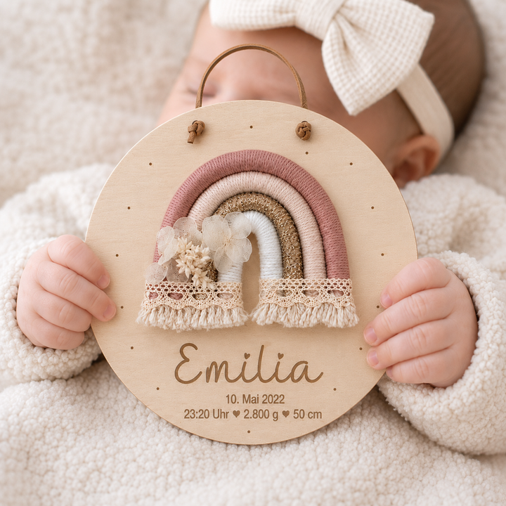 personalisiertes Geburtsschild aus Holz mit Makramee Regenbogen
