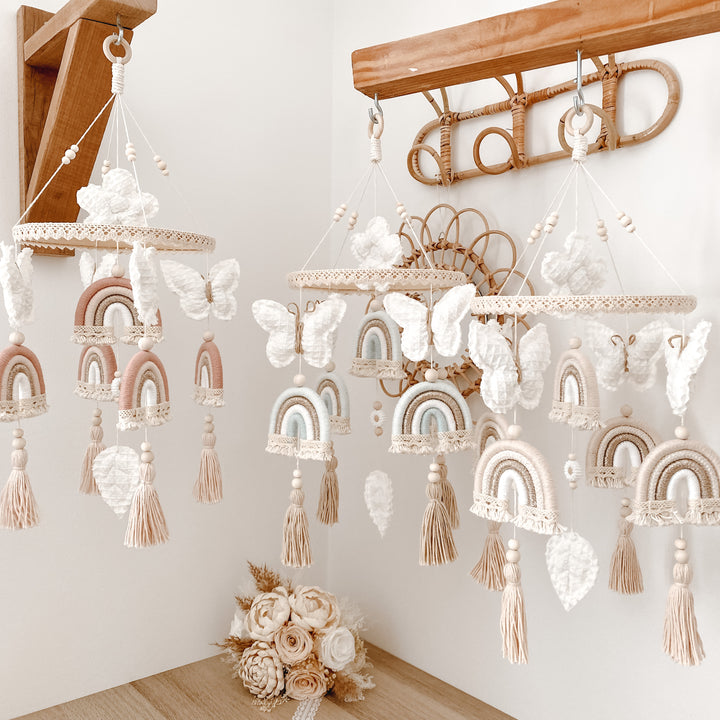Boho Baby-Mobile mit Regenbogen – handgefertigte Kinderzimmerdek
