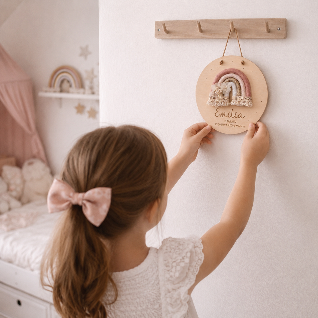 personalisiertes Geburtsschild aus Holz mit Makramee Regenbogen